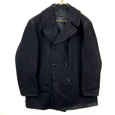 Vintage Us Navy Military Wool Pea Coat Jacket Medium Black Anchor Buttons • $76.49