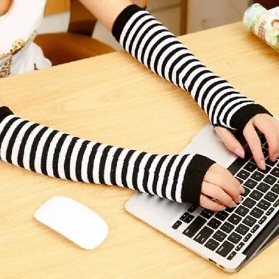 $10.92 • Buy Fingerless Long Gloves Winter Warm Computer Striped Women Arm Wrist Knitted S M