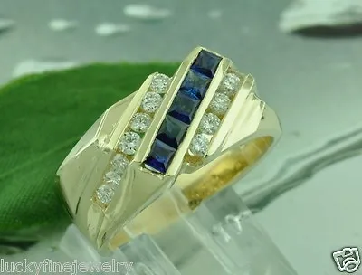 1.20 Ct 14k Solid Yellow Gold Mens Natural Diamond & Sapphire Ring Channel Set • $995