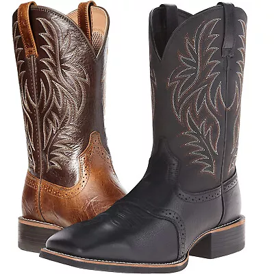 Mens Knight Embroidered Pull On Western Mid Calf Square Toe Cowboy Leather Boots • $35.89