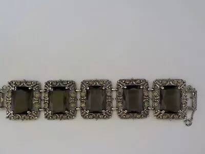 Sarah Coventry Smokey Green Gray Glass Bracelet Celebrity  Metal Pronged Ornate • $25