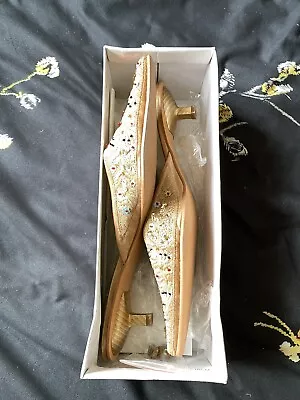 Unze By Shalimar Shoes Size 8 Gold  With Silver Diamontes Low Heel Slip On • £14.99