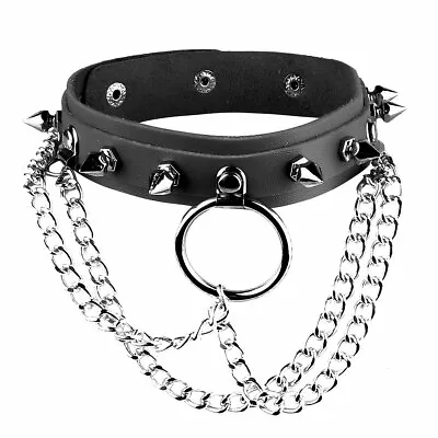 Women Men Gothic Choker Punk PU Leather Ring Chain Spike Rivets Necklace Collar • £8.98