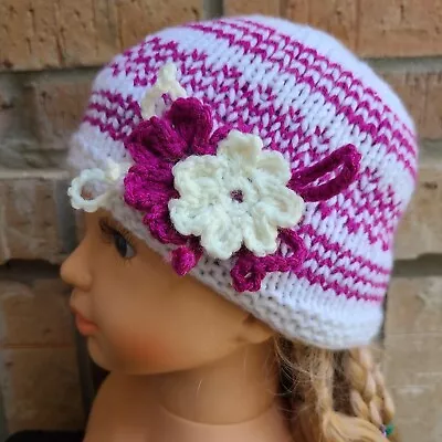 Baby Girl Knit Beanie Hat Handmade Purple White Flower Acrylic Size 9-18 Months • $7.99