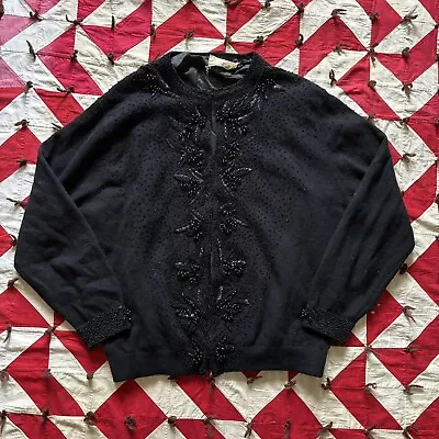 Vintage 1960s Beaded Black Cardigan Sweater Women’s As Is • $9