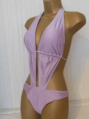 Lilac Plunge Halter Neck Cut Out Swimsuit Size 12 Ladies Swimwear • £3.99