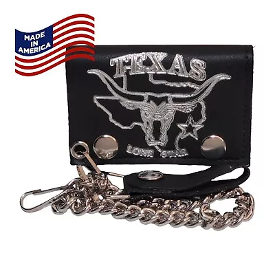 Mens Leather Trifold Wallet TEXAS LONE STAR LONGHORN Biker Chain AMERICAN MADE • $14.99