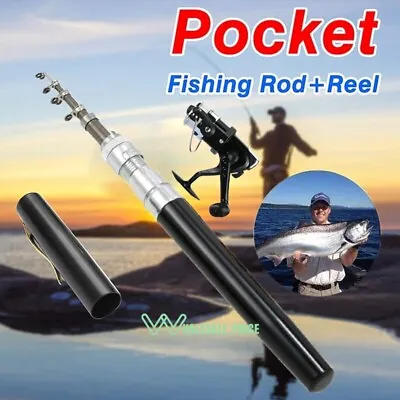 Mini Portable Pocket Fish Aluminum Alloy Fishing Rod Pole Reel Combos Black • $18.19