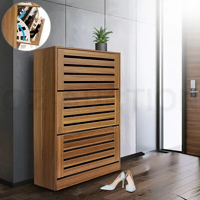 $125.95 • Buy New Shoe Cabinet Shoes Storage Rack Organiser Wooden Shelf 3 Doors Oak