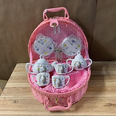 Delton Fine Collectible Tea Set Porcelain Unicorn Kids Mini Pink Basket • $41.99