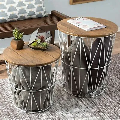 Nesting End Tables Metal Basket Wooden Top 20 And 15 In Multi-Use Furniture • $100.99