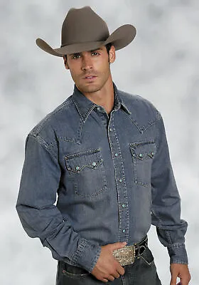 Stetson Mens Blue 100% Cotton L/S Designer Denim Snap Western Shirt • $79.99