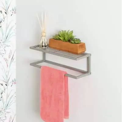 Steel Bath Wall Mount Slatted Dual Towel Bar Towel Rack With Shelf Satin Nickel • $17.14