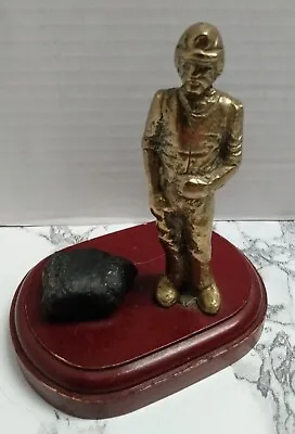 Vintage Brass Coalminer Statue Figurine With Coal And Wooden Base • $24