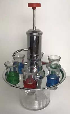 Vintage MCM Art Deco Rotary Chrome Pump Decanter W/ 6 Shot Glasses • $65