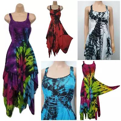 Tie Dye Dress Maxi Soft Viscose Boho Corset Lace Up Festival Pixie Hem 14 16 18 • £29.99