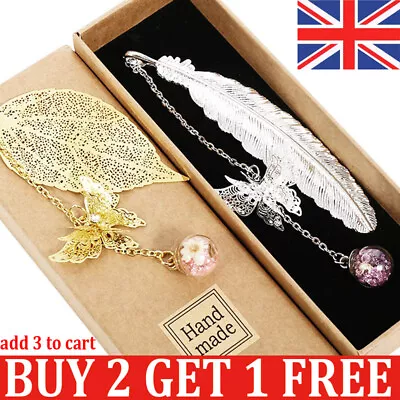 Glass Flower Specimens Pendant Bookmark Metal Feather ForTeacher Graduation Gift • £8.97