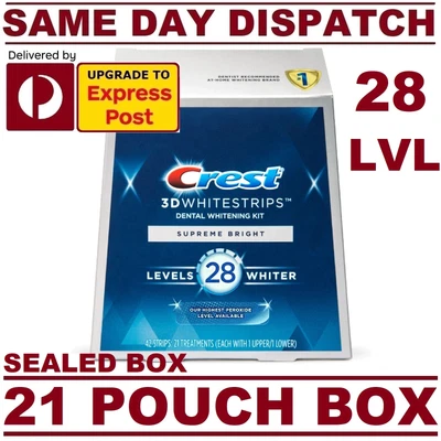 $88.95 • Buy Crest 3D Teeth Whitening 21 Pouches Box LEVEL 28 SUPREME BIGHT FLEXIT 42 Strips!