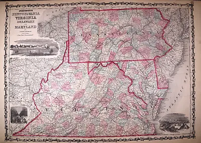 1862 Map ~ PENNSYLVANIA - VIRGINIA ~ Authentic Johnson Atlas Map (18x26) #008 • $34