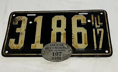 Antique 1917 Illinois License Plate W Oak Park City Tax Tag Low Number Original  • $86