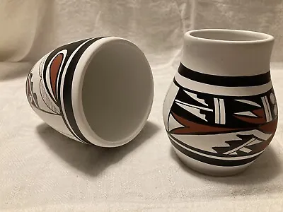 2 Handmade Mexican Pottery Vases Southwestern  White Brown Black R Galvan Signed • $53