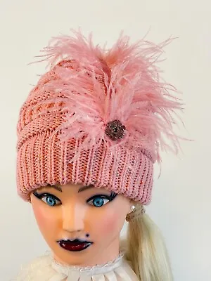 Pink Ostrich Feathers Veil Netted Beanie Hat Pink Jewel Rhinestone Handmade  • $43