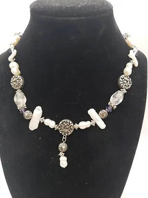 Vtg Natural Pearl Bead & Silver Tone Necklace 16  Long B-15 • $4