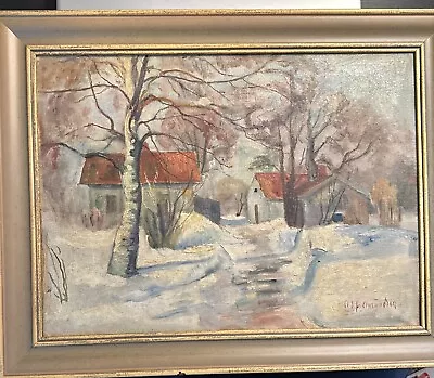 Vintage Impressionist Folk Art Oil Painting Village Country Winter Scene • $450