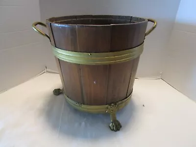 Vintage SPAULDING & FROST Wooden Jardinière Bucket Brass Handles & Paw Feet 12 L • $78