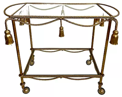 Italian Hollywood Regency Gilt Metal Rope And Tassel Bar Cart • $1777.50