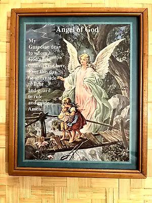 VINTAGE   Angel Of God  Christian Guardian Prayer For Children Wood Framed Print • $9.99