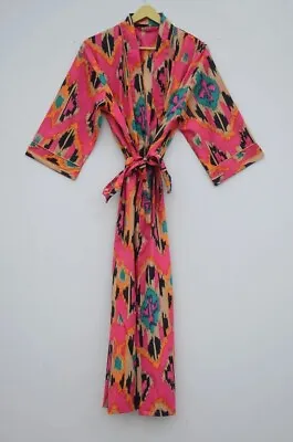 $36.29 • Buy Indian Pink IKAT Floral Print Kimono 100% Cotton Bath Robes Maxi Night Gown AU