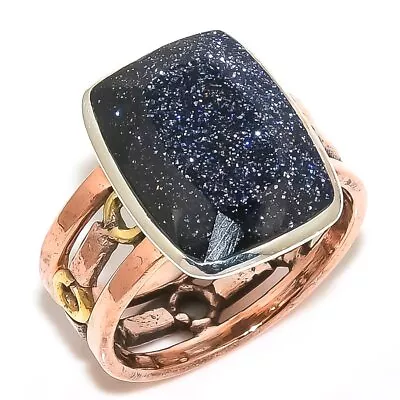 Natural Blue Sunstone Gemstone Two Tone 925 Solid Silver Gift Ring S.10.5 W981 • $11.45