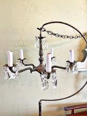 Vintage Brass Gold & Crystal Drop Chandelier 5 Arms Lights Shabby Chic Spanish • $249.99