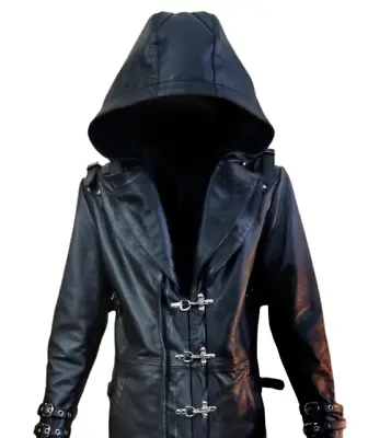 Mens Gothic Matrix Steampunk Style Coat Black Genuine Leather Hooded Long Coat • $143.11