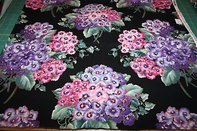 Faye Burgos For Marcus Brothers PANSIES On Black Cotton Fabric Gorgeous 2.33Yds • $42.50
