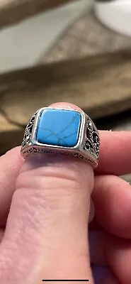5373-MTT Square Turquoise & Silver Metal Color Hollow S925 Stamped Ring New • $12