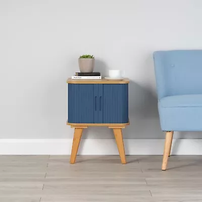 Bamboo Side Table With Dark Blue Sliding Doors 580mm H X 450mm W X 450mm D • £89.99