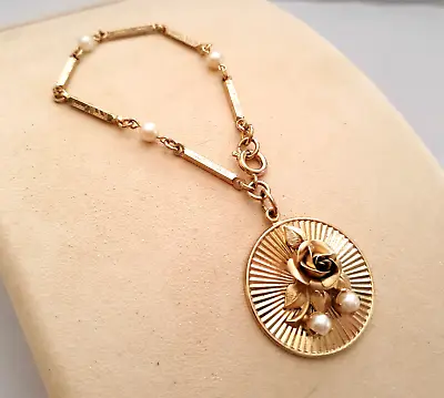 Vintage Cultured Pearl Bracelet Gold Tone Bar Link Chain Large Ornate Disc Charm • $75
