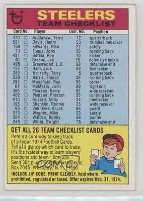 1974 Topps Team Checklist Pittsburgh Steelers (Two Stars On Back) • $4.80