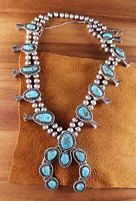 NAVAJO Beaded Turquoise Squash Blossom Necklace Sterling Silver 24.5  *REPAIR* • $370