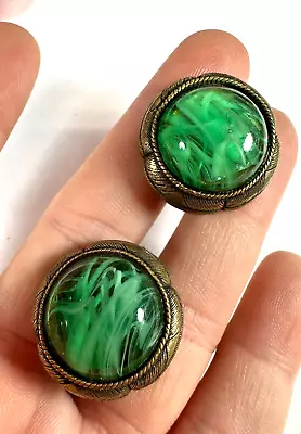 Vintage Earrings Clip On Grass Green Glass Cabochon Swirl Stud Etched Frame • $23.20