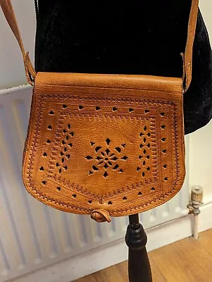 Vintage Tan Leather Handmade Tooled Crossbody Saddle Bag Handbag Boho Festival • £27.50