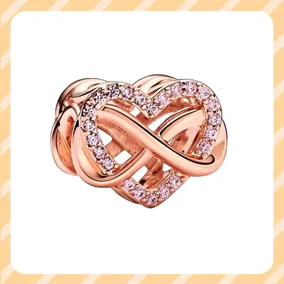 Rose Gold Sparkling Infinity Pink Heart Charm 925 Sterling Silver Bracelet Charm • $15