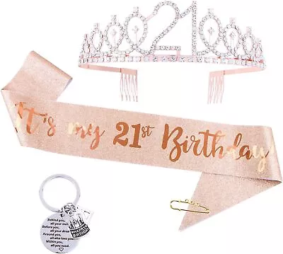 3pcs 21st Birthday Sash And Tiara Crown Rose Gold 21st Birthday Gifts For Girls • £13.52