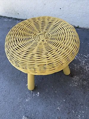 Wicker Tripod Stool Chair Footstool Yellow Vintage Wood • $75