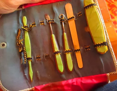 5 Pc Antique Leather  Nail File Travel Grooming Kit Celluloid Green Bakelite • $15.47