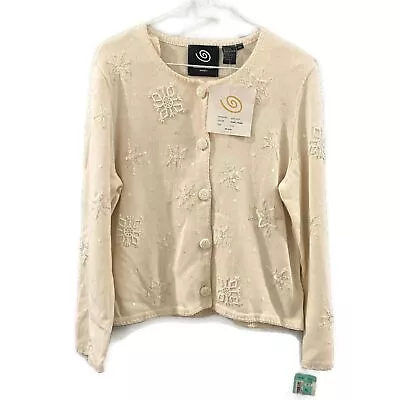 Michael Simon Event Cream Beaded Snowflake Cardigan PS • $45