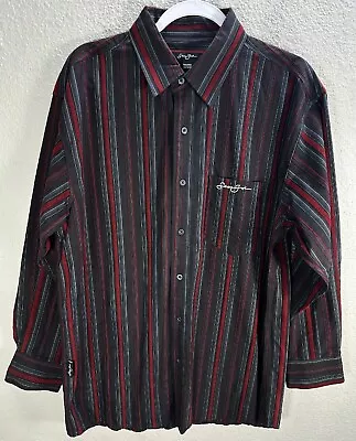 Men's Sean John Black Maroon Velvet Stripe Shirt Long Sleeve Button Up Sz L • $26.59