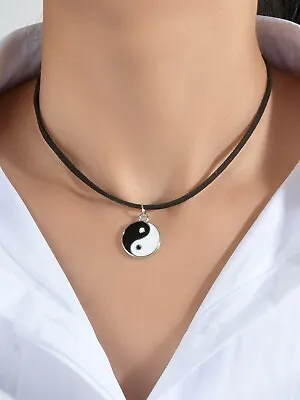 Black Cord Enamel Yin Yang Tai Chi Round Pendant Necklace PU Leather Rope Collar • $1.99